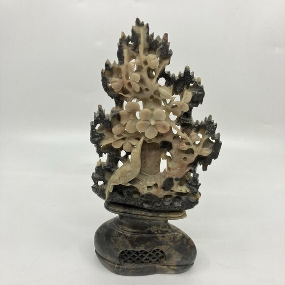 Vintage Carved Soapstone Floral Hand Made Stone Sculpture Chinese Flowers Bird - Picture 1 of 9